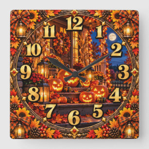 Horloge Carrée Citrouille de la veille d'Halloween sur un porche 