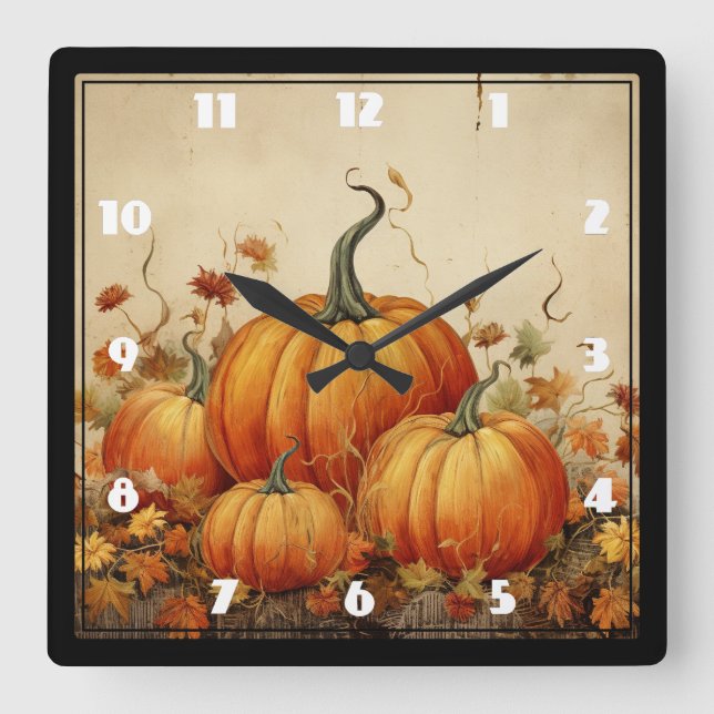 Horloge Carrée Citrouilles oranges automne rustique (Recto)