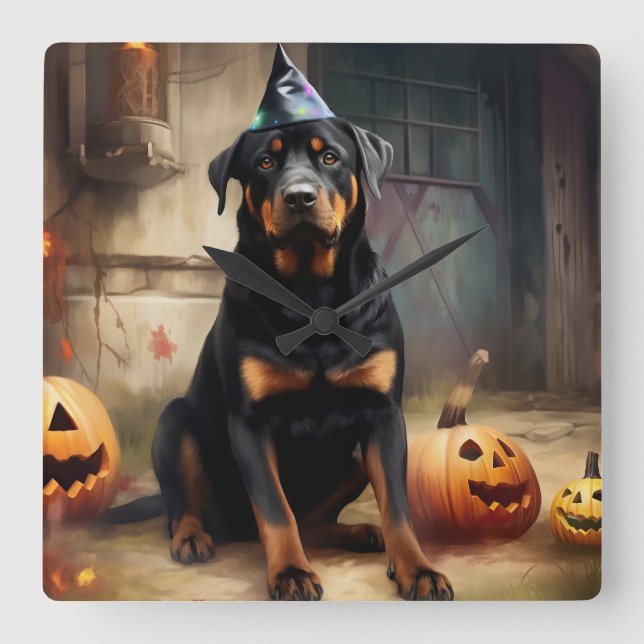 Horloge Carrée Citrouilles Rottweiler Halloween Épouvantable (Recto)