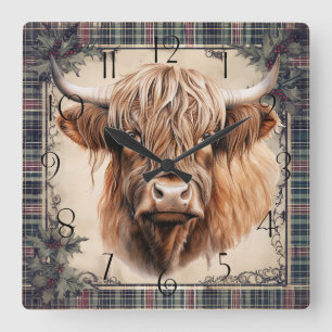 Horloge Carrée Clan d'aquarelle de la vache Highland