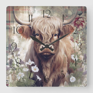 Horloge Carrée Clan d'aquarelle de la vache Highland