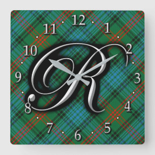 Horloge Carrée Clan Ross Lettre R Monogramme Tartan Bleu Vert