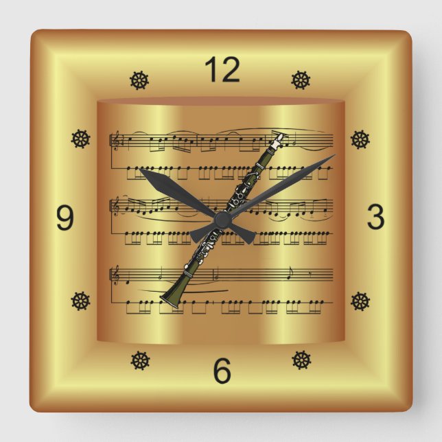 Horloge Carrée Clarinet ~ Partition courbe ~ Arrière - plan or ~ (Recto)