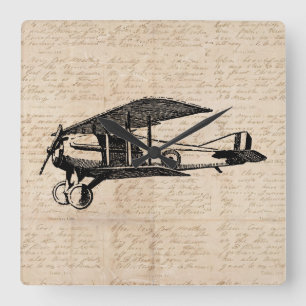 Horloge Carrée Classic Airplane Antique Aviation Art Script
