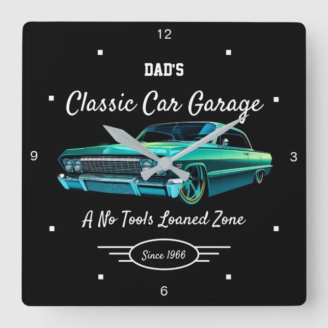 Horloge Carrée Classic Car Garage Dad's Green Car Name Black   (Recto)