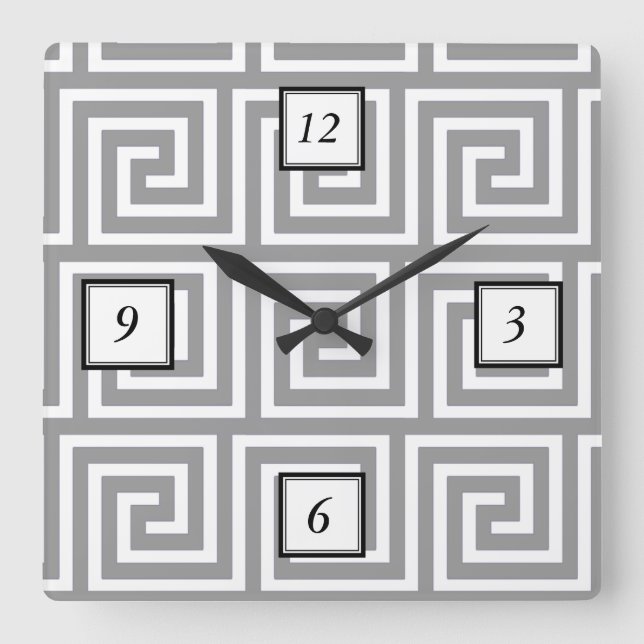 Horloge Carrée Classic Grey and White Greek Key Pattern (Recto)