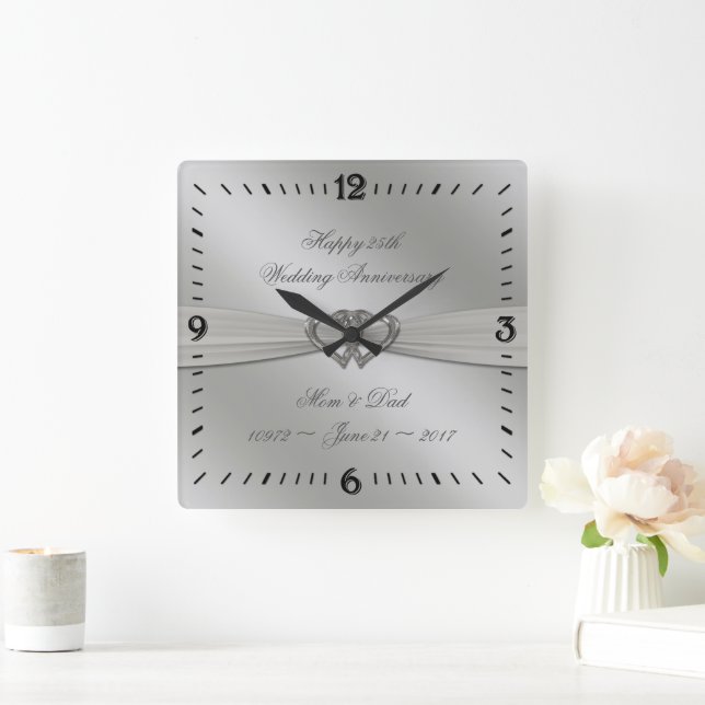 Horloge Carrée Classic Silver 25th Wedding Anniversary Wall Clock (Maison)