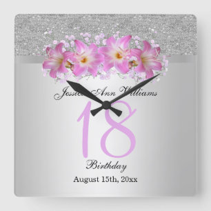 Horloge Carrée Classy Silver & Belladonna Lilies 18e Birthday