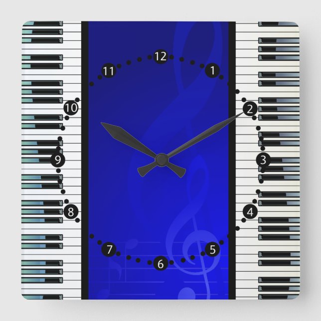 Horloge Carrée Clés de piano avec les notes musicales d'effet (Recto)