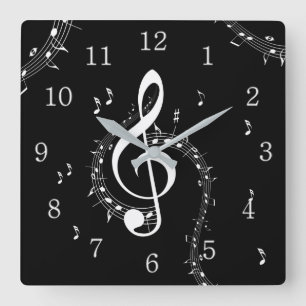 Horloge Carrée Climacic G Clef Musique blanche sur le noir