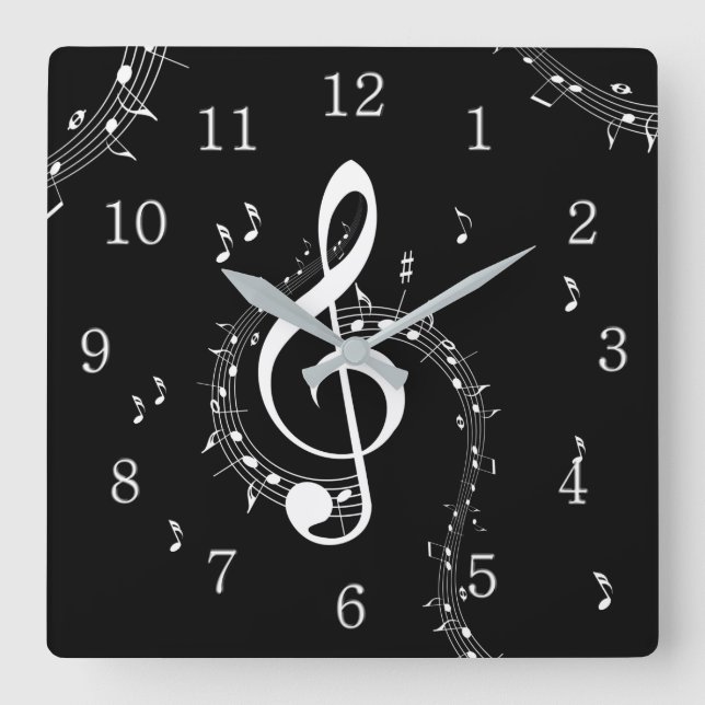 Horloge Carrée Climacic G Clef Musique blanche sur le noir (Recto)