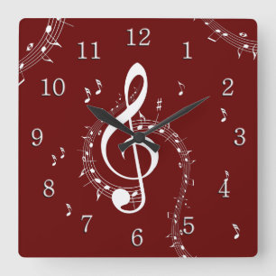 Horloge Carrée Climactic G Clef Musique Rouge avec chiffres blanc