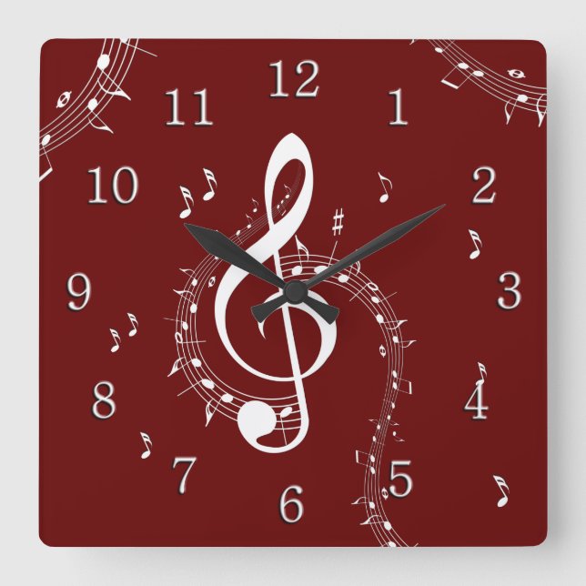 Horloge Carrée Climactic G Clef Musique Rouge avec chiffres blanc (Recto)