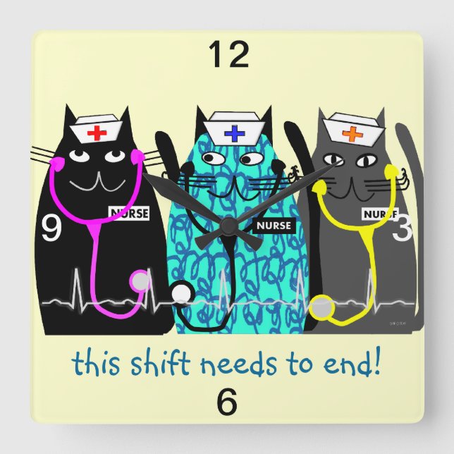 Horloge Carrée Clock de Nurse "Whimsical Cats" (Recto)