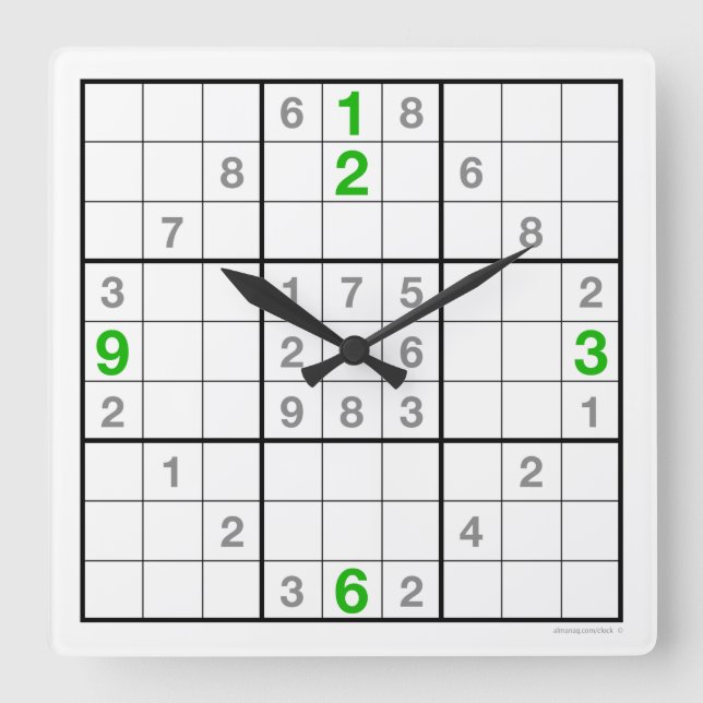 Horloge Carrée Clock sudoku with downloadable puzzle (green) (Recto)