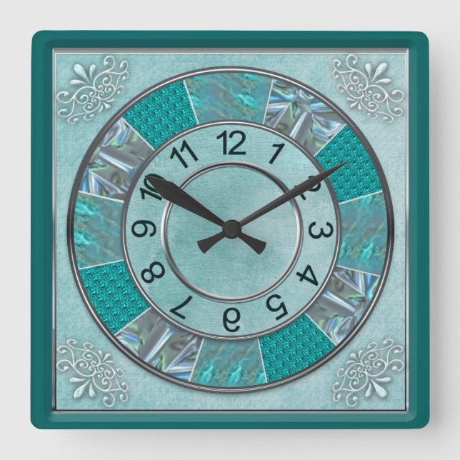 HORLOGE CARRÉE CLOCK - TURQUOISE -DESIGN - (Recto)