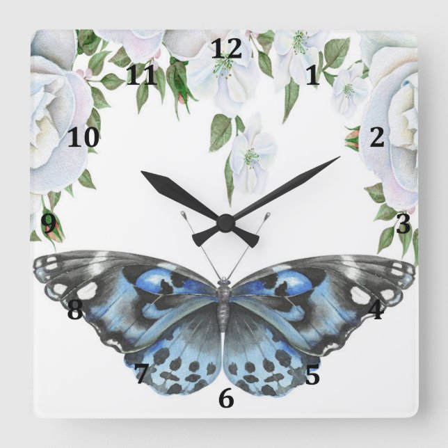 Horloge Carrée Clock with Blue Butterfly & Roses (Recto)