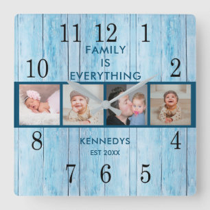 Horloge Carrée Coastal Blue Wood 4 Photo Collage Famille Citation