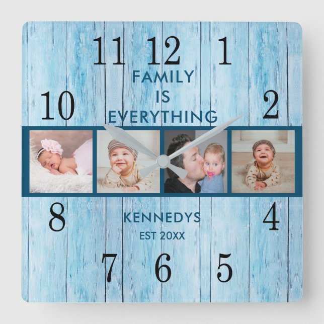 Horloge Carrée Coastal Blue Wood 4 Photo Collage Famille Citation (Recto)