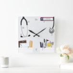 Horloge Carrée Coat de Doctor<br><div class="desc">A personalized clock depicting medical gear in a medical professional's pockets. Fun,  creative et unique. Un grand poison pour l'école de médecine. Profession médicale spéciale,  please contact menagerie. Original by Night Owl's Menagerie,  2015.</div>