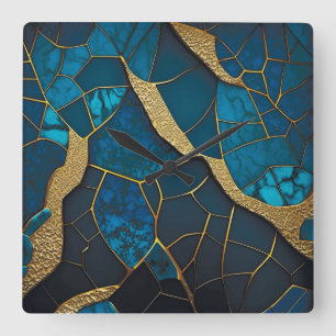 Horloge Carrée Cobalt Bleu Marbre Mosaïque Or Inlay Veines