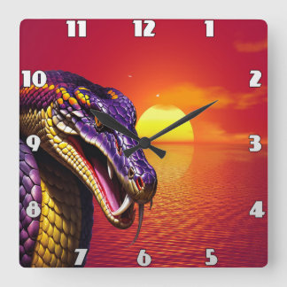 Horloge Carrée Cobra serpent avec des écailles violettes et jaune