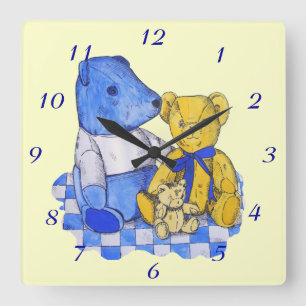 Horloge Carrée coche bleu pique-nique avec trois nounours