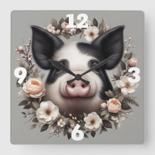 Horloge Carrée Cochon dans une couronne florale