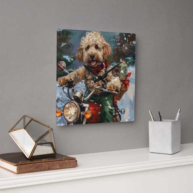 Horloge Carrée Cockapoo Chien chevauchant la moto Noël (Bureau)