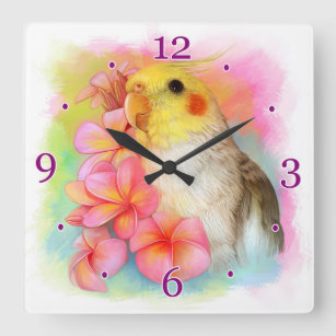 Horloge Carrée Cockatiel avec le frangipani