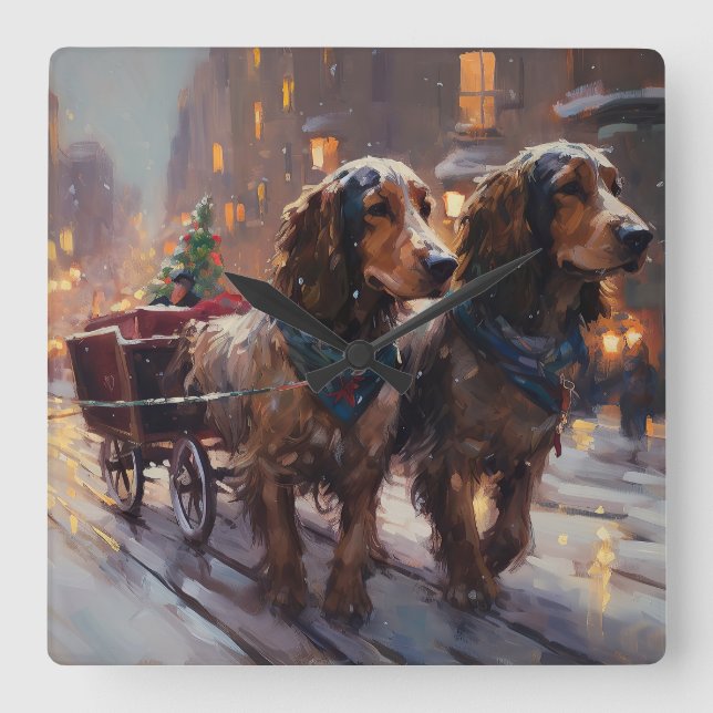 Horloge Carrée Cocker Spaniel Anglais Saison des Fêtes de Noël (Recto)