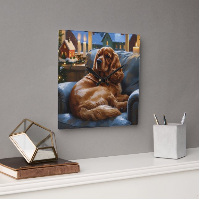 Horloge Carrée Cocker Spaniel avec les lumières de Noël (Bureau)