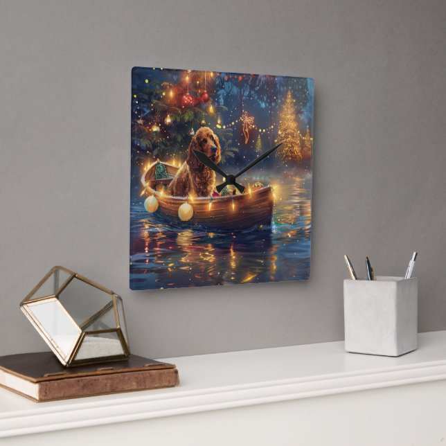 Horloge Carrée Cocker Spaniel Noël Festive Voyage (Bureau)