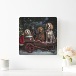 Horloge Carrée Cocker Spaniel Snowy Sleigh Décor de Noël
