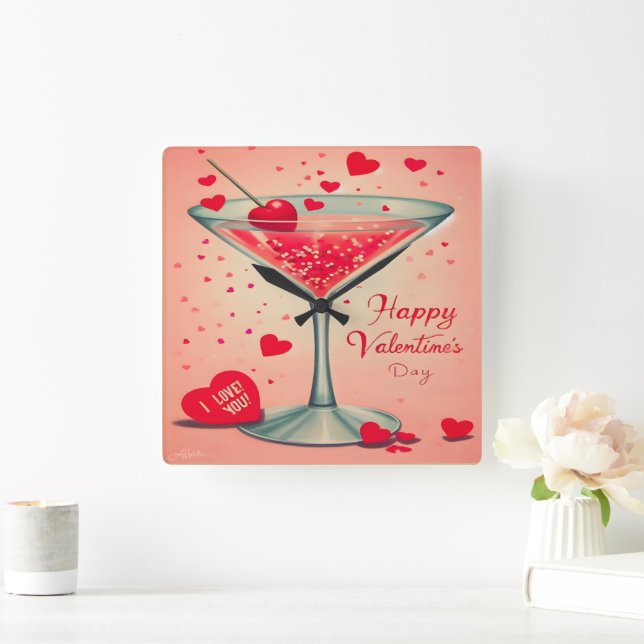 Horloge Carrée Cocktail Valentine Martini du milieu du siècle (Maison)