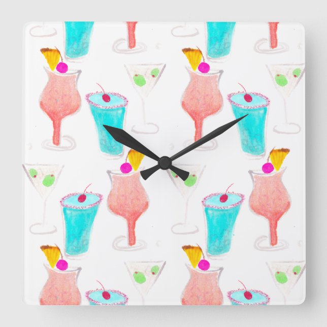 Horloge Carrée Cocktails à l'aquarelle Boisson Motif Barman (Recto)