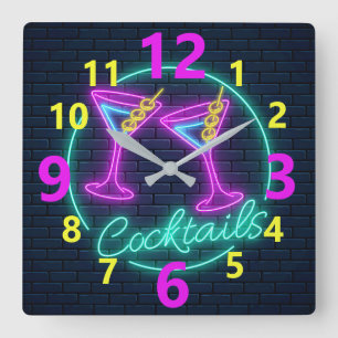 Horloge Carrée Cocktails Neon Signe L'Carré À Mur