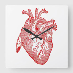 Horloge Carrée Coeur anatomique antique rouge