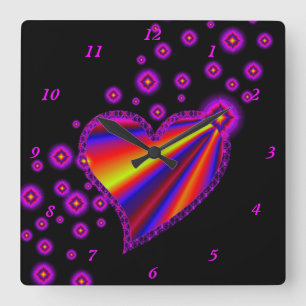 Horloge Carrée Coeur arc-en-ciel avec étoiles