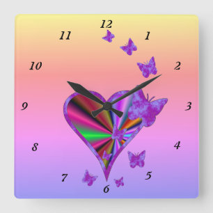 Horloge Carrée Coeur arc-en-ciel et papillon