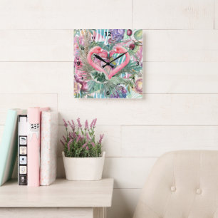 Horloge Carrée Cœur de Flamant Rose Tropical Art Abstrait Superpo