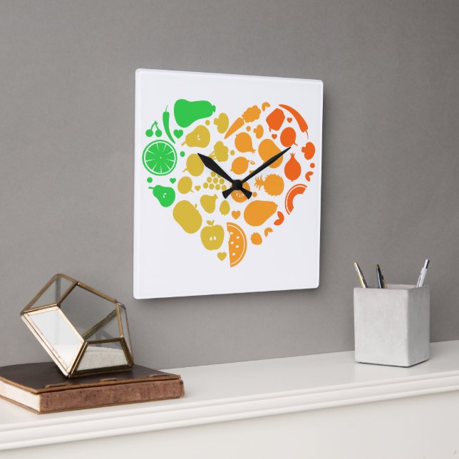 Horloge Carrée Coeur de fruits et légumes - Great Vegan Gift (Bureau)