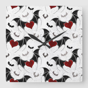 Horloge Carrée Coeur d'Halloween avec ailes de chauve-souris noir