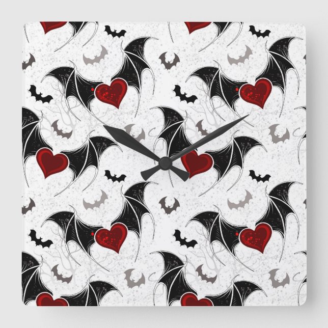 Horloge Carrée Coeur d'Halloween avec ailes de chauve-souris noir (Recto)