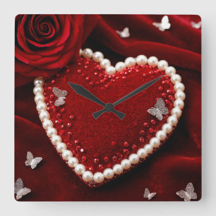 Horloge Carrée Cœur romantique avec bordure de perle