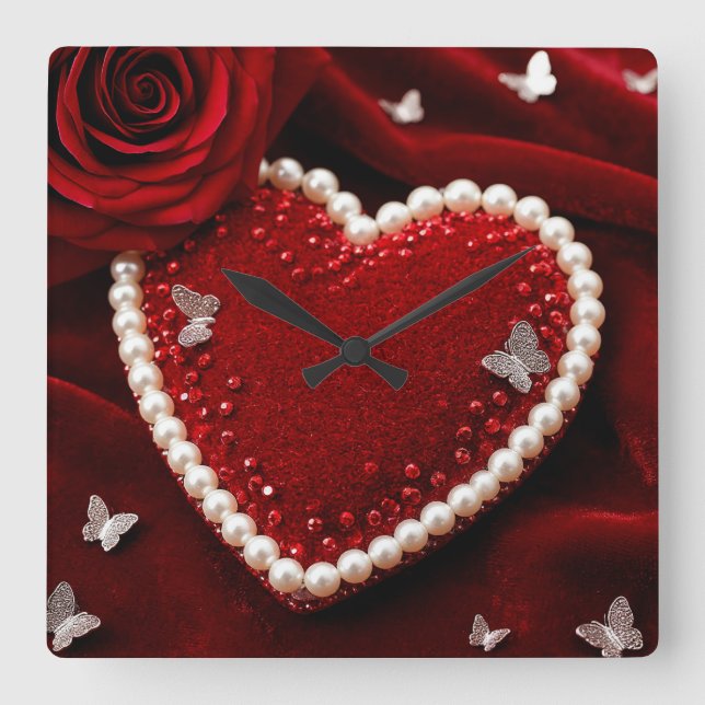 Horloge Carrée Cœur romantique avec bordure de perle (Recto)