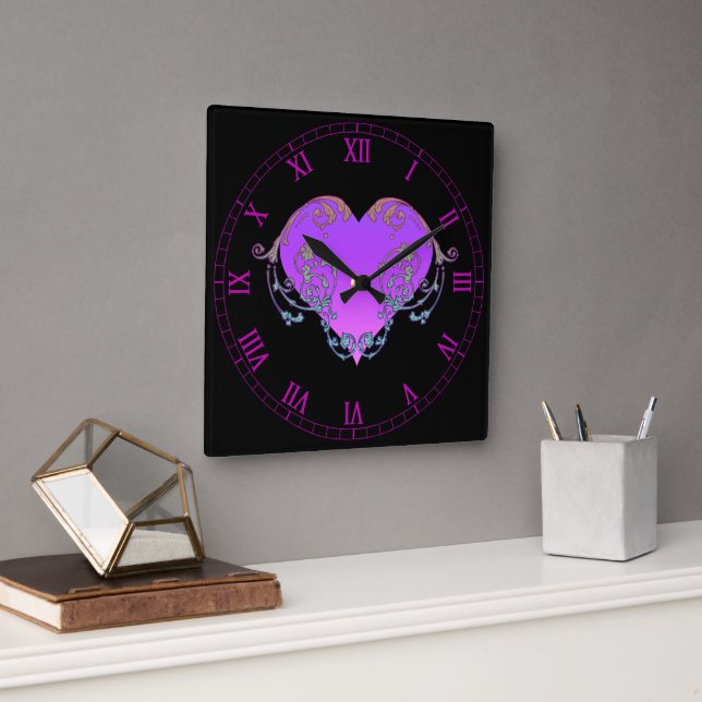 Horloge Carrée Coeur violet élégant et romantique avec de la pros (Bureau)