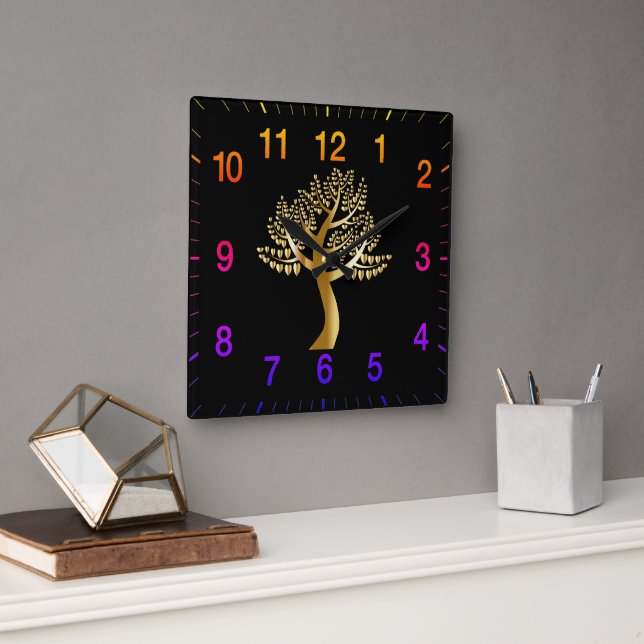 Horloge Carrée Coeurs amateurs d'or Arbre avec chiffres arc-en-ci (Bureau)