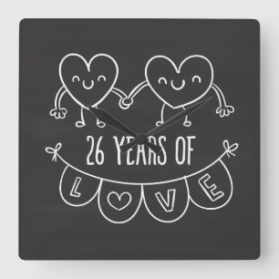 Horloge Carrée Coeurs de calèche-cadeaux du 26e anniversaire