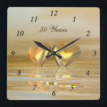 Horloge Carrée Coeurs d'or<br><div class="desc">Horloge murale avec mon image d'une scène jaune et d'or avec des coeurs dorés flottant sur l'eau. Le texte personnalisable dit "50 ans".</div>